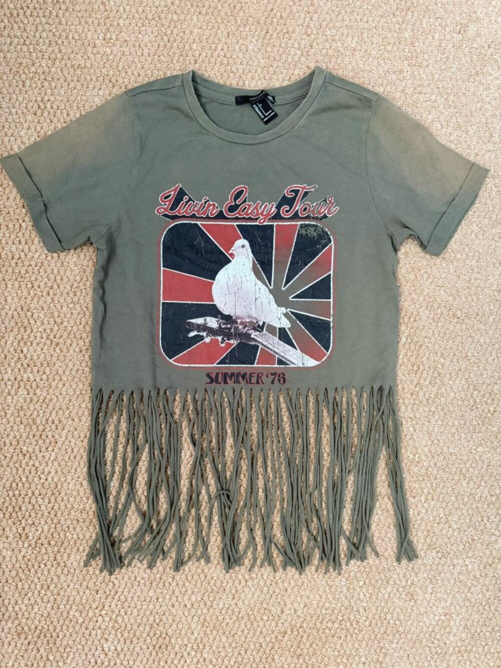 Forever 21 Olive Graphic Fringe Hem Tour Tee Size S